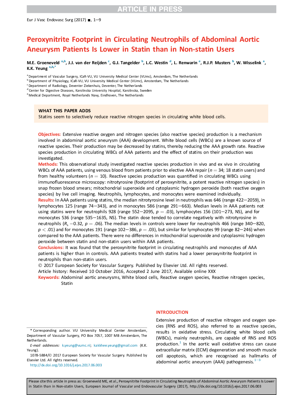 اثر پراکسینیتریت در گردش نوتروفیلهای بیماران مبتلا به نارسایی آئورت شکمی در استاتین پایین تر از افراد غیر استاتین است 