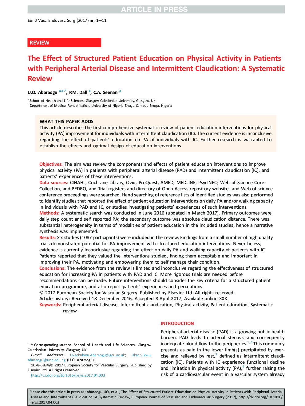 The Effect of Structured Patient Education on Physical Activity in Patients with Peripheral Arterial Disease and Intermittent Claudication: A Systematic Review