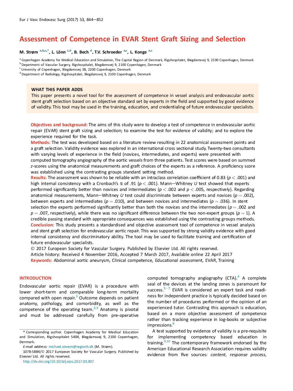 Assessment of Competence in EVAR Stent Graft Sizing and Selection