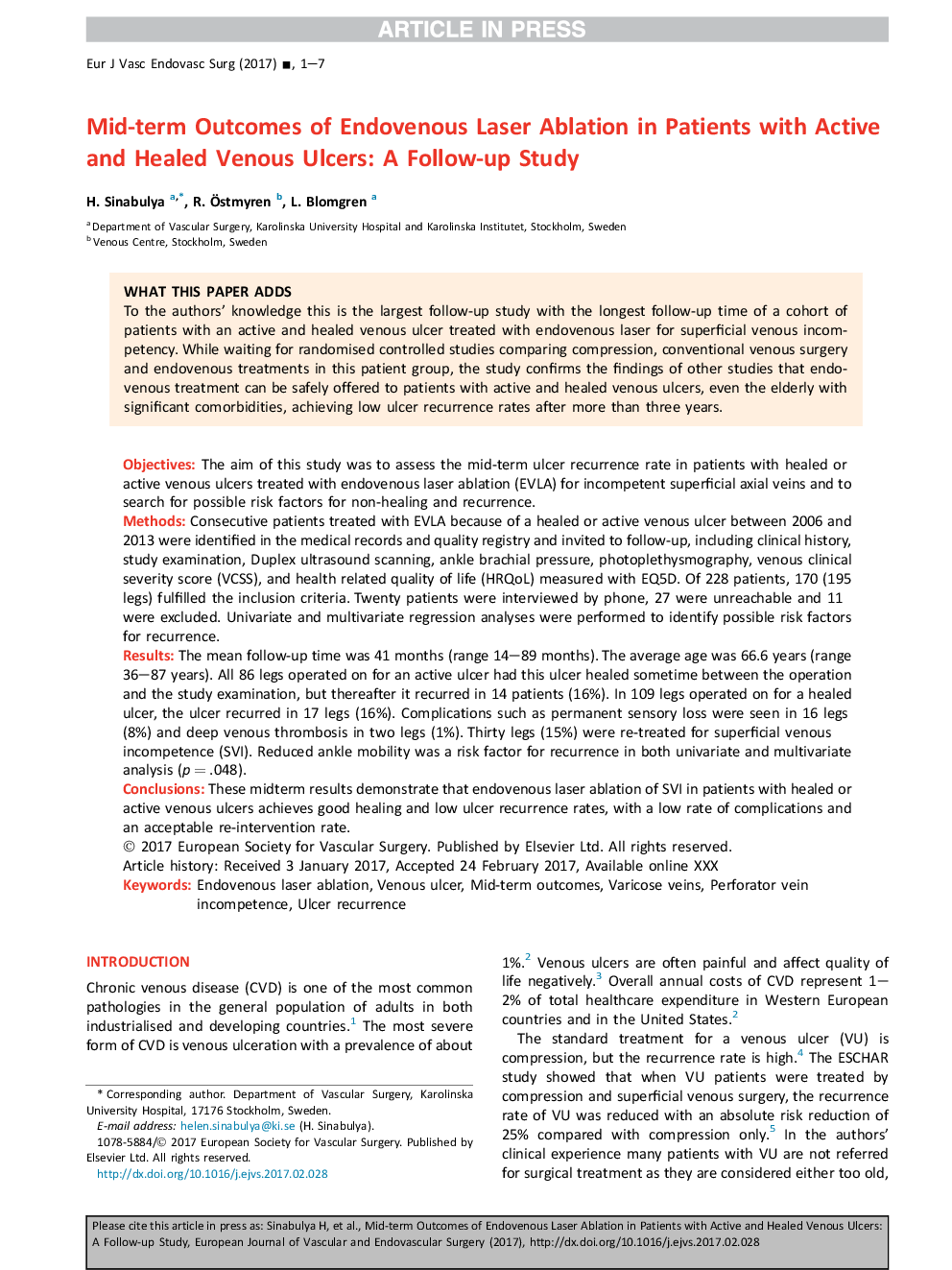 Editor's Choice - Mid-term Outcomes of Endovenous Laser Ablation in Patients with Active and Healed Venous Ulcers: A Follow-up Study