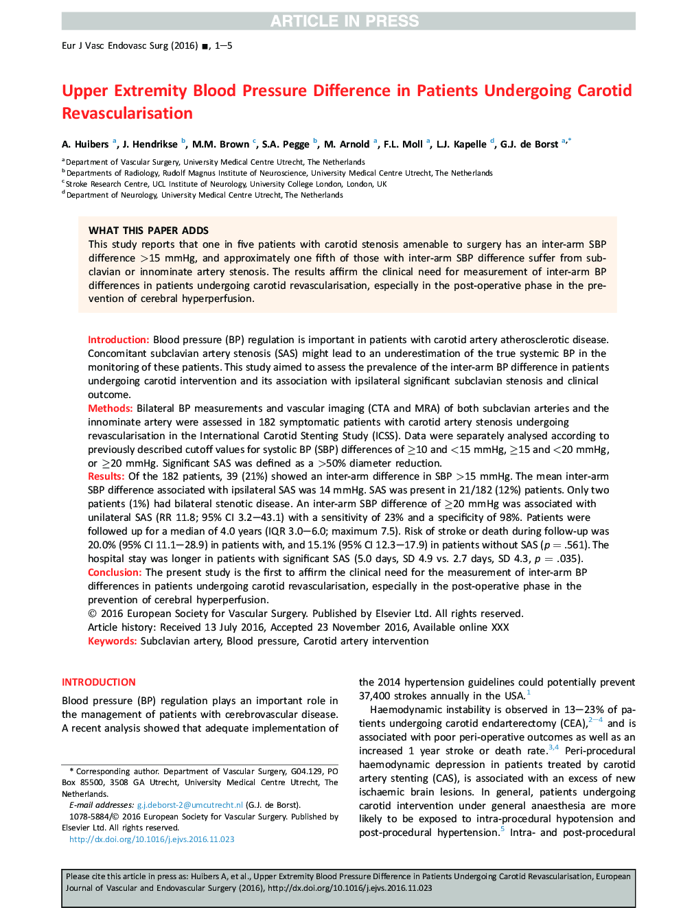 Upper Extremity Blood Pressure Difference in Patients Undergoing Carotid Revascularisation