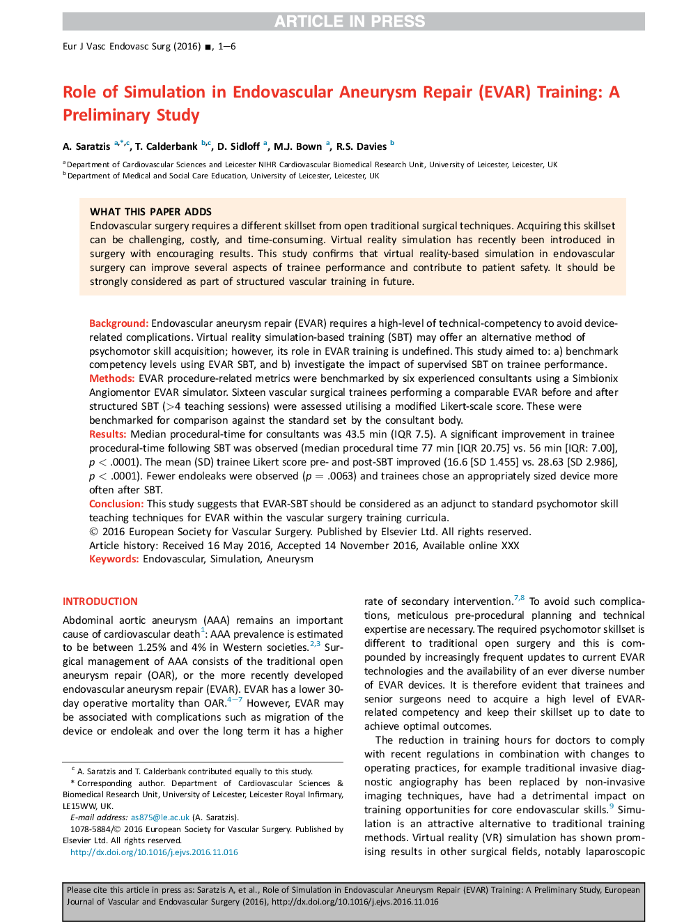 Role of Simulation in Endovascular Aneurysm Repair (EVAR) Training: A Preliminary Study