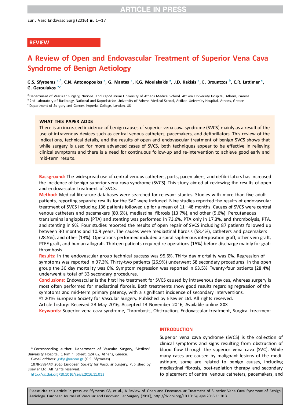 A Review of Open and Endovascular Treatment of Superior Vena Cava Syndrome of Benign Aetiology