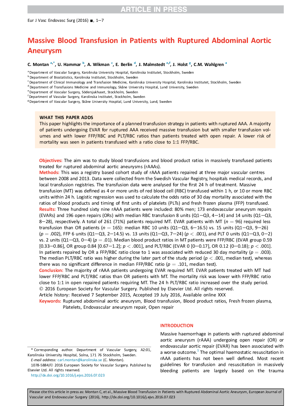 Massive Blood Transfusion in Patients with Ruptured Abdominal Aortic Aneurysm