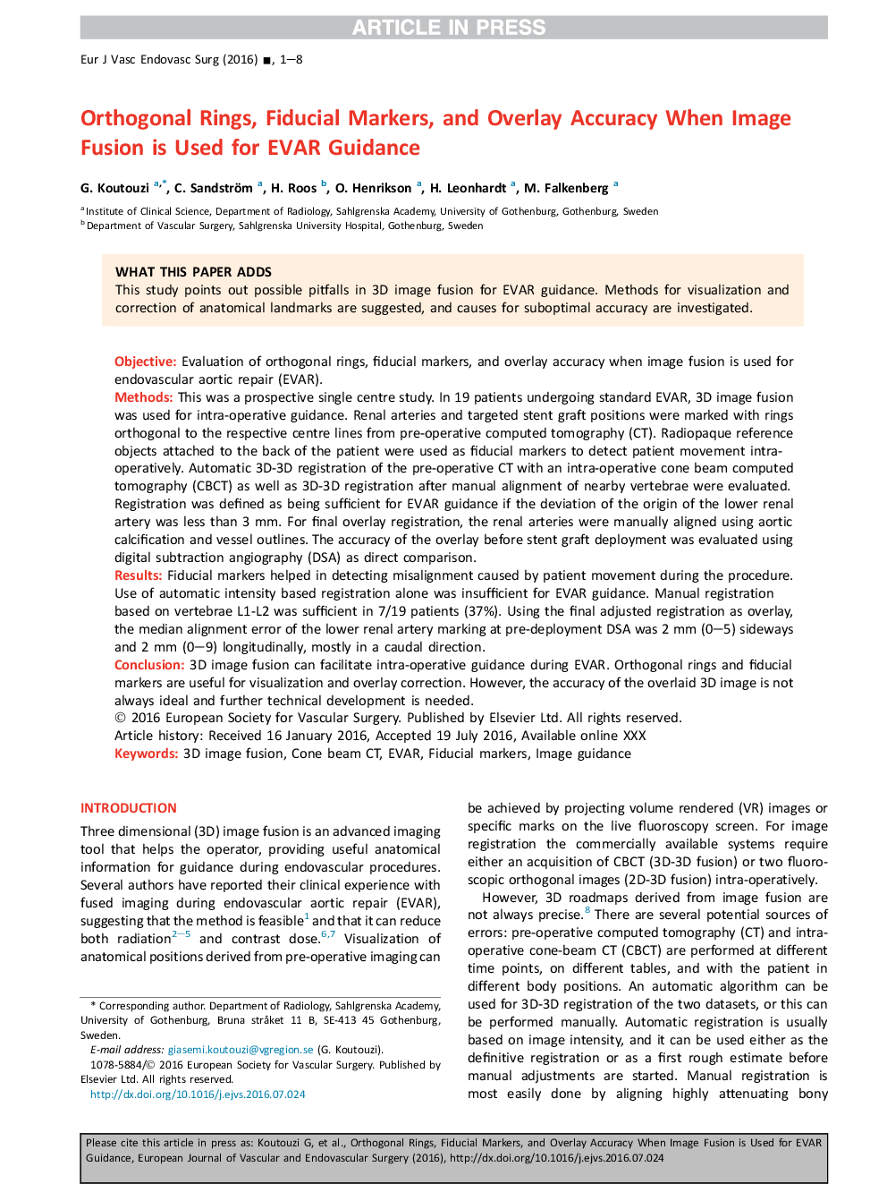 Orthogonal Rings, Fiducial Markers, and Overlay Accuracy When Image Fusion is Used for EVAR Guidance