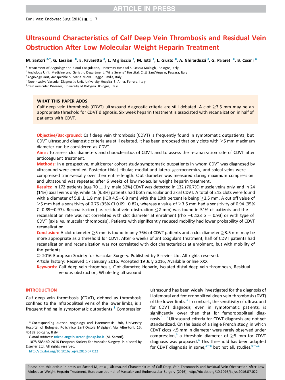 Ultrasound Characteristics of Calf Deep Vein Thrombosis and Residual Vein Obstruction After Low Molecular Weight Heparin Treatment