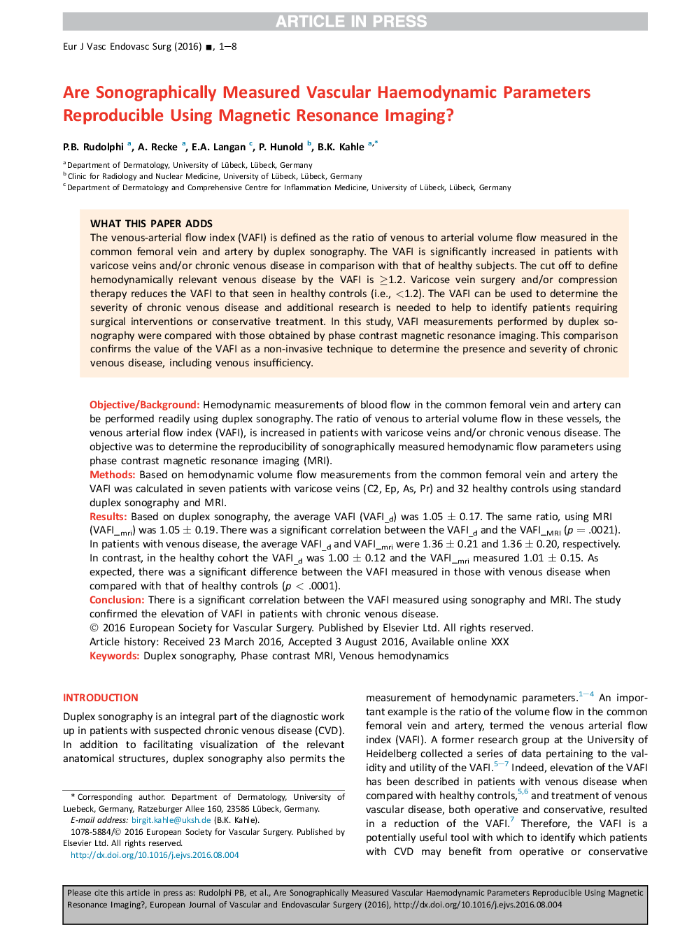 Are Sonographically Measured Vascular Haemodynamic Parameters Reproducible Using Magnetic Resonance Imaging?