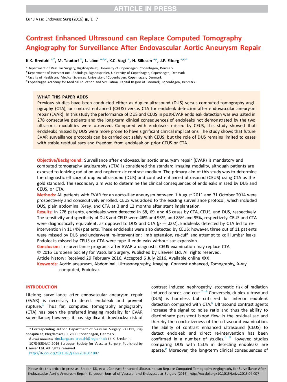 سونوگرافی پیشرفته کنتراست می تواند آنژیوگرافی کامپیوتری تجمعی را برای نظارت بر پس از ترمیم آئرویسم آئورت آندواسکوکی جایگزین کند 