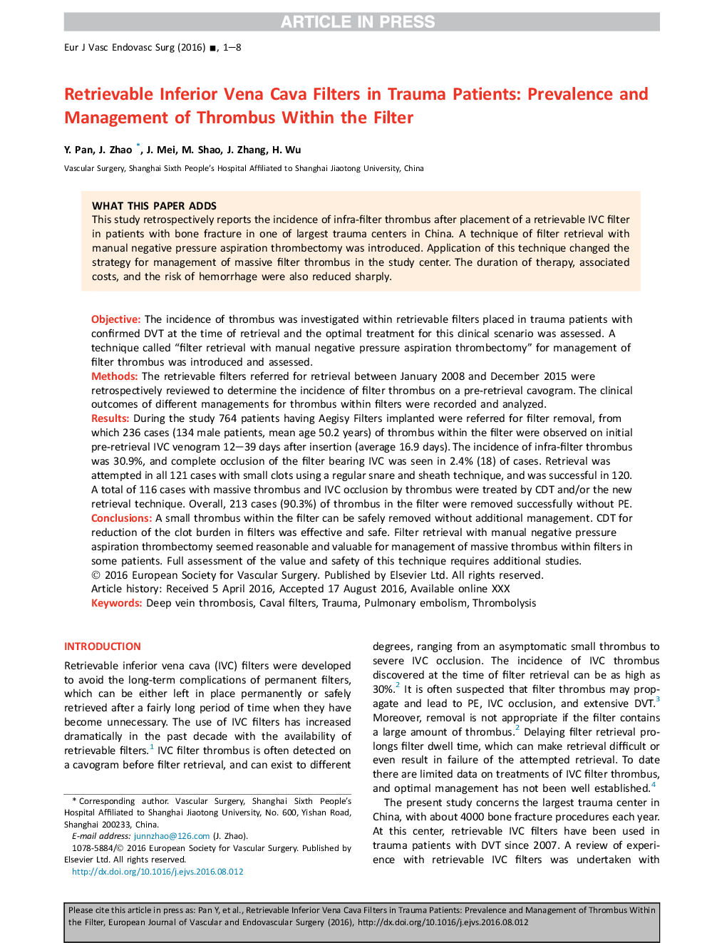 فیلترهای وینا کواک تحتانی قابل بازیافتی در بیماران تروما: شیوع و مدیریت ترومبوز درون فیلتر 