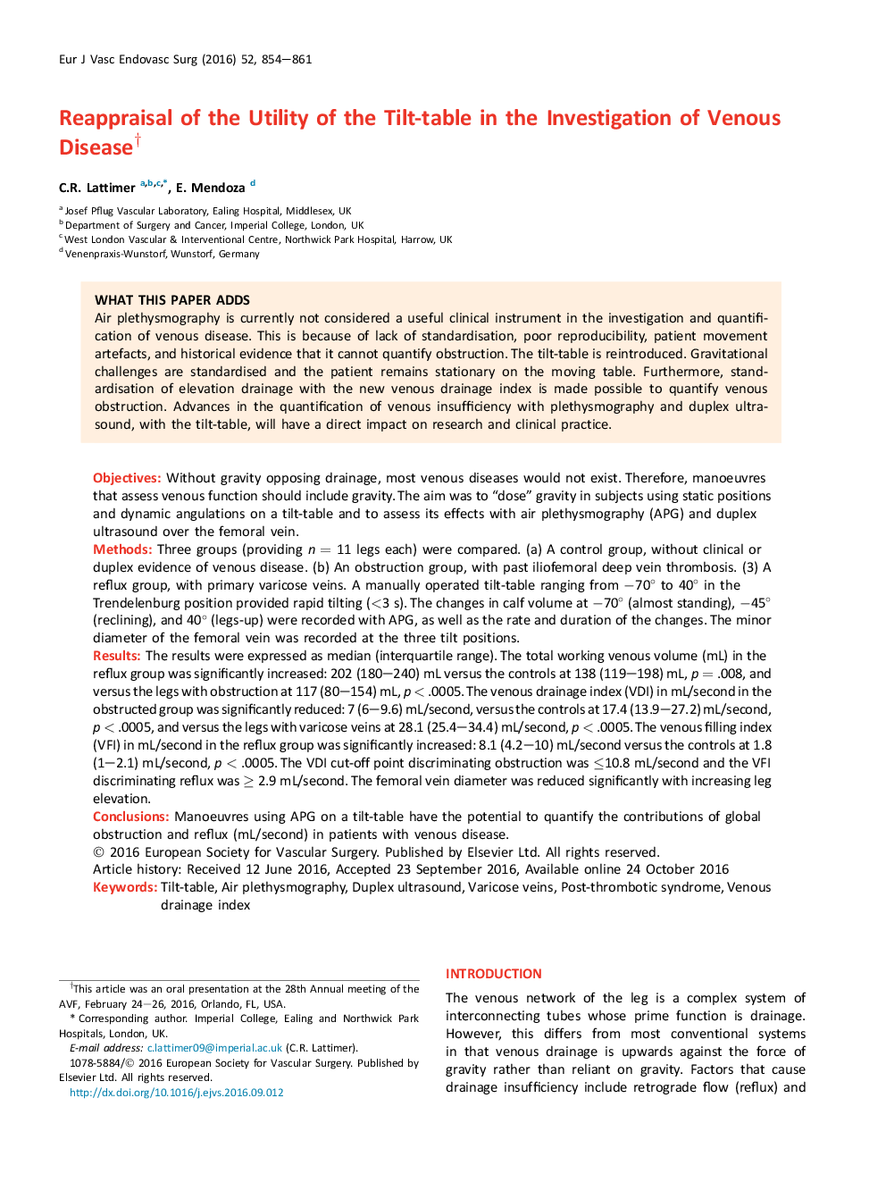 Reappraisal of the Utility of the Tilt-table in the Investigation of Venous Diseaseâ 