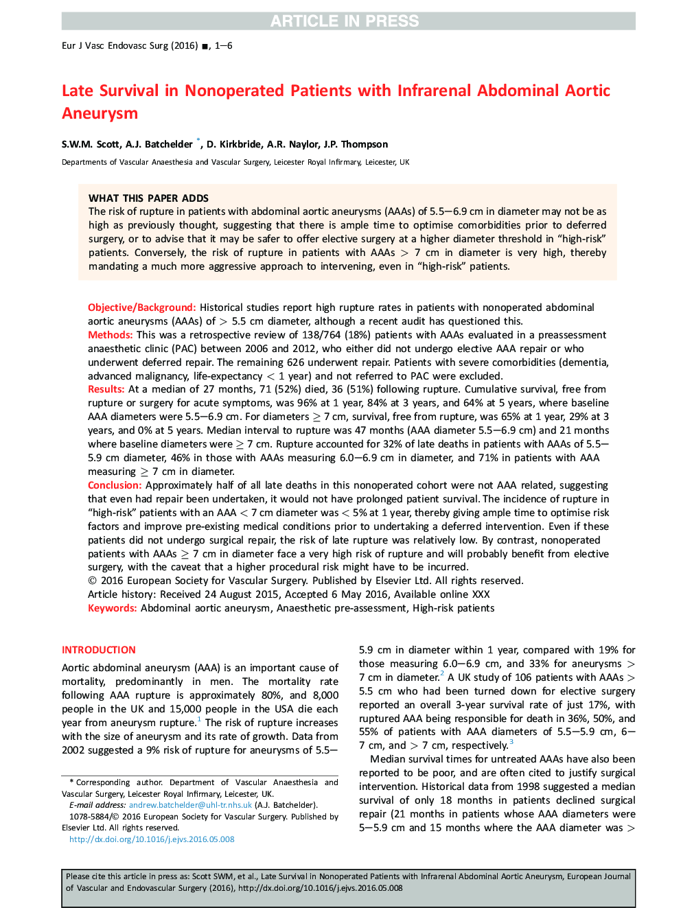 Late Survival in Nonoperated Patients with Infrarenal Abdominal Aortic Aneurysm