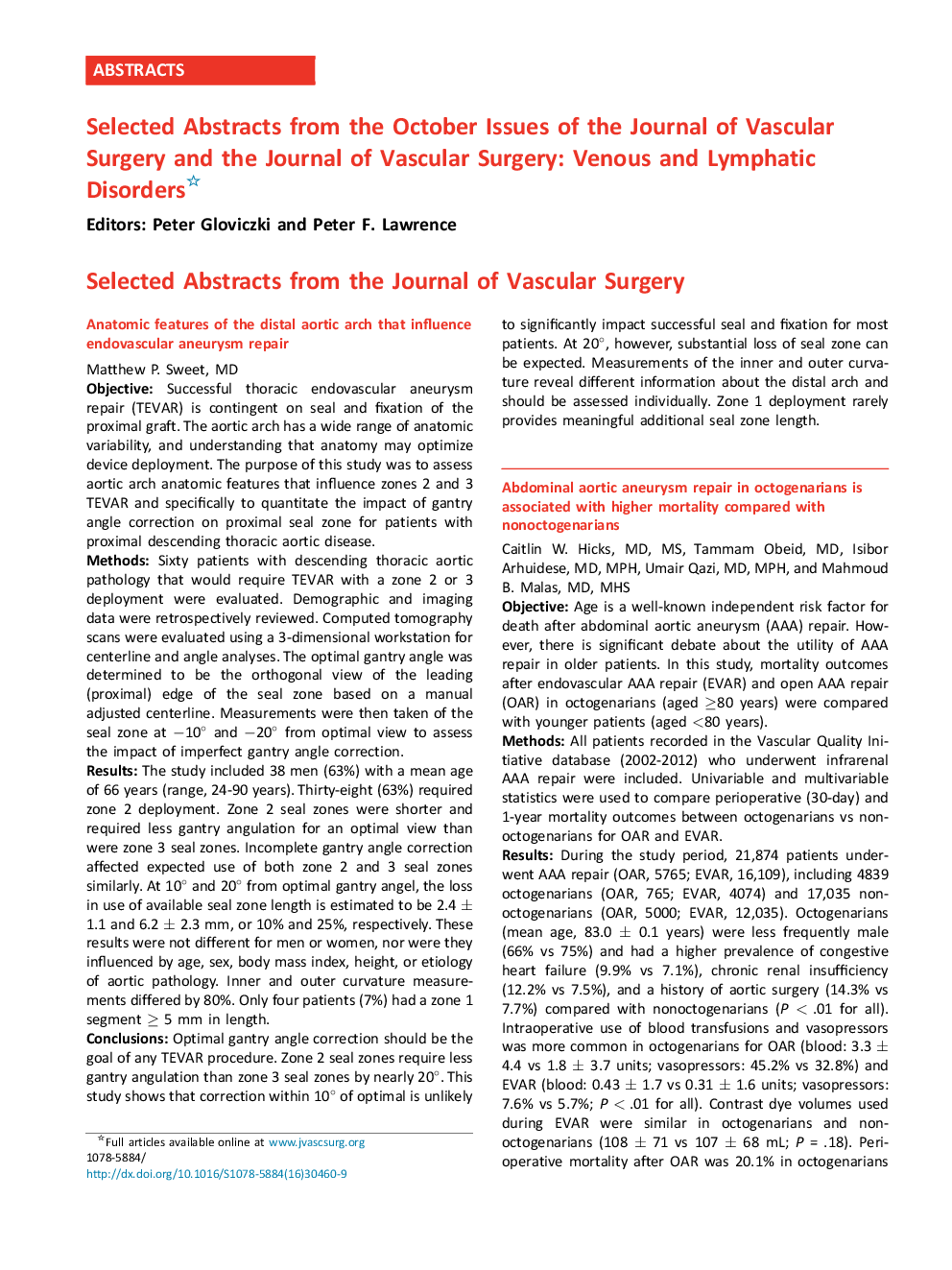 Selected Abstracts from the October Issues of the Journal of Vascular Surgery and the Journal of Vascular Surgery: Venous and Lymphatic Disorders