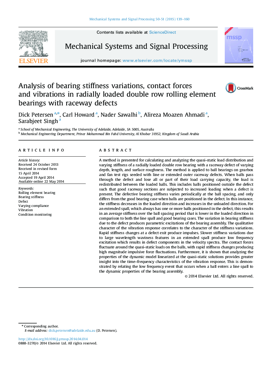 Analysis of bearing stiffness variations, contact forces and vibrations in radially loaded double row rolling element bearings with raceway defects