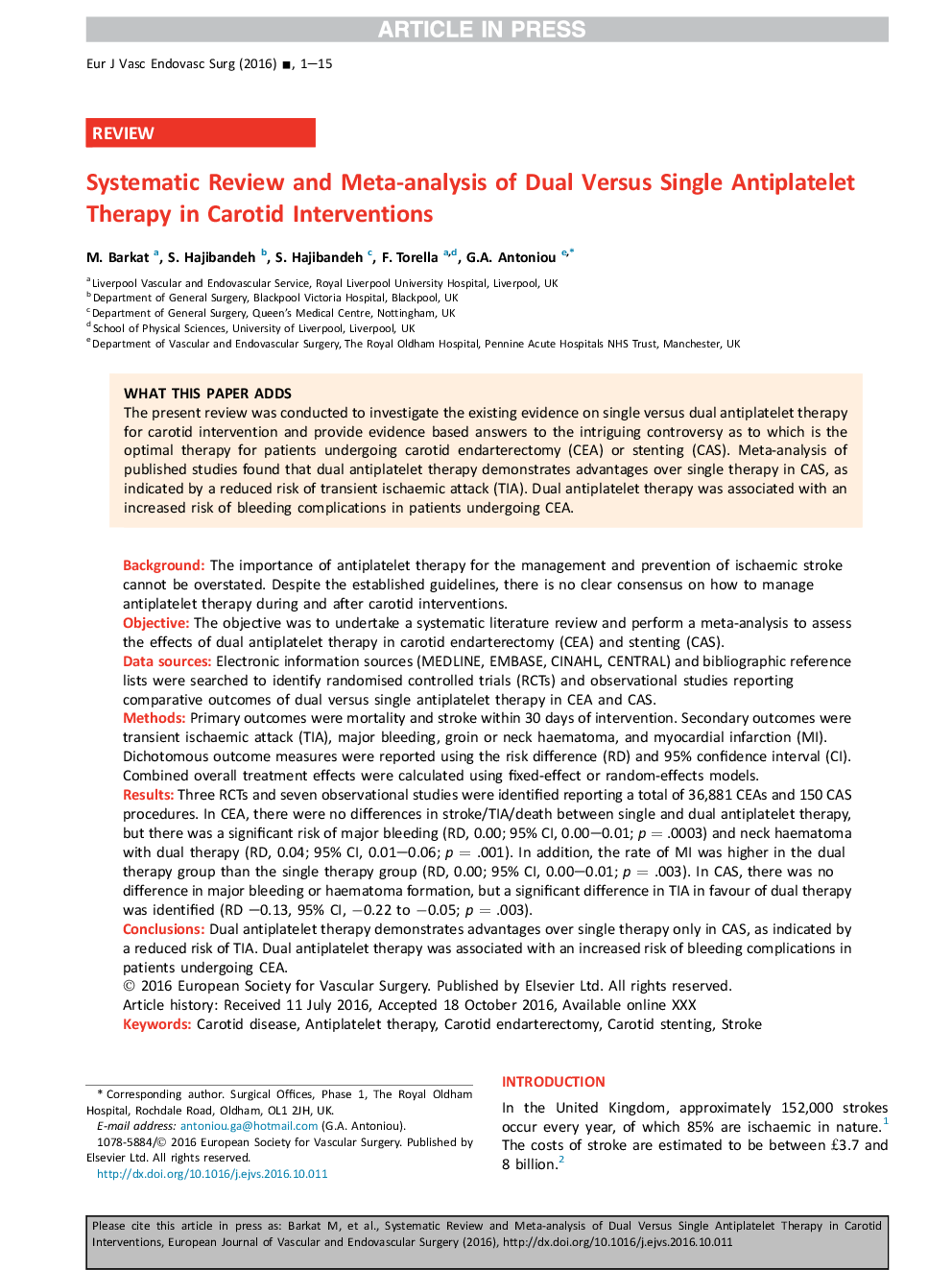 Systematic Review and Meta-analysis of Dual Versus Single Antiplatelet Therapy in Carotid Interventions