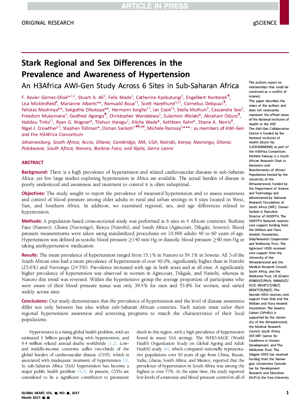 Regional and Sex Differences in the Prevalence and Awareness of Hypertension