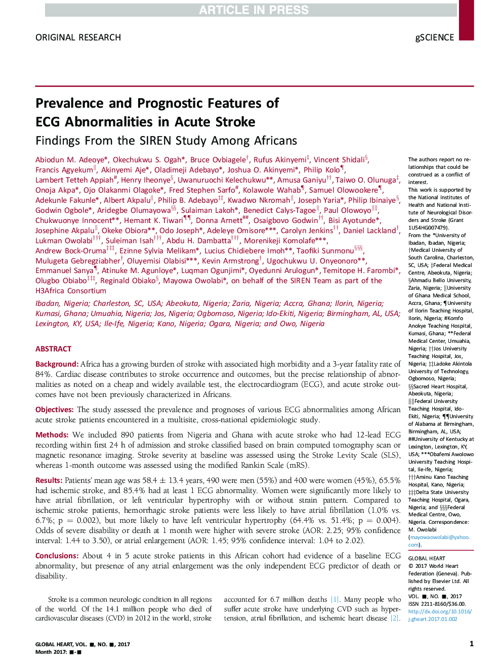 Prevalence and Prognostic Features of ECG Abnormalities in Acute Stroke