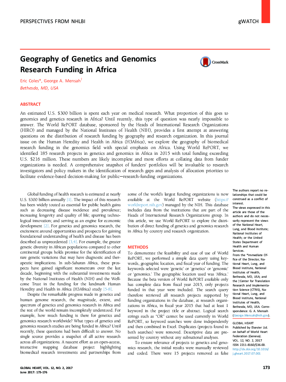 Geography of Genetics and Genomics Research Funding in Africa