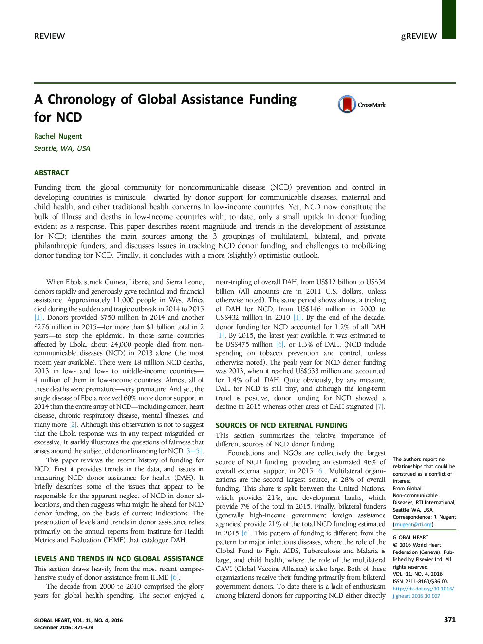 A Chronology of Global Assistance Funding for NCD