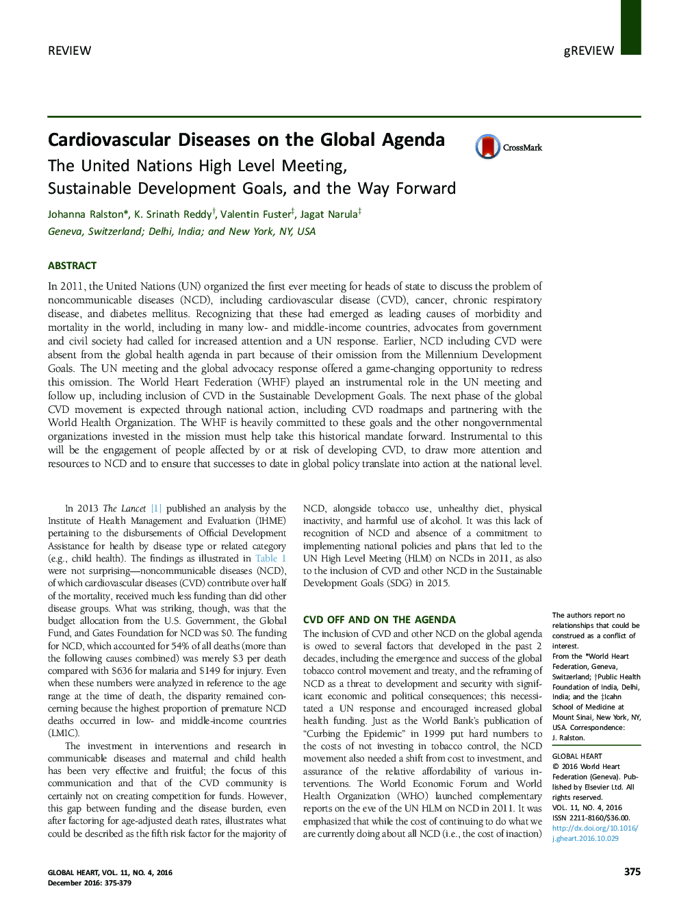 Cardiovascular Diseases on the Global Agenda