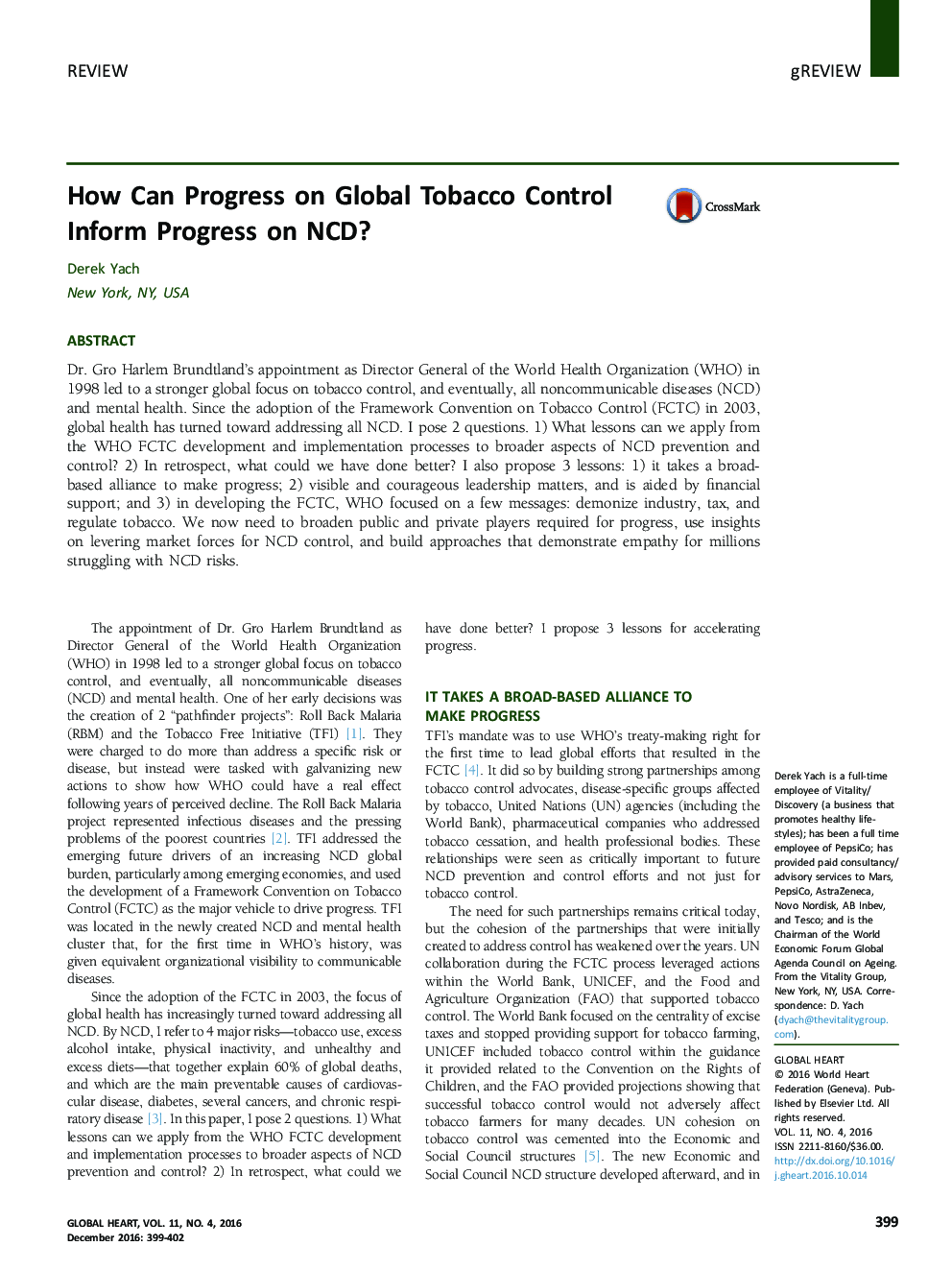 How Can Progress on Global Tobacco Control Inform Progress on NCD?