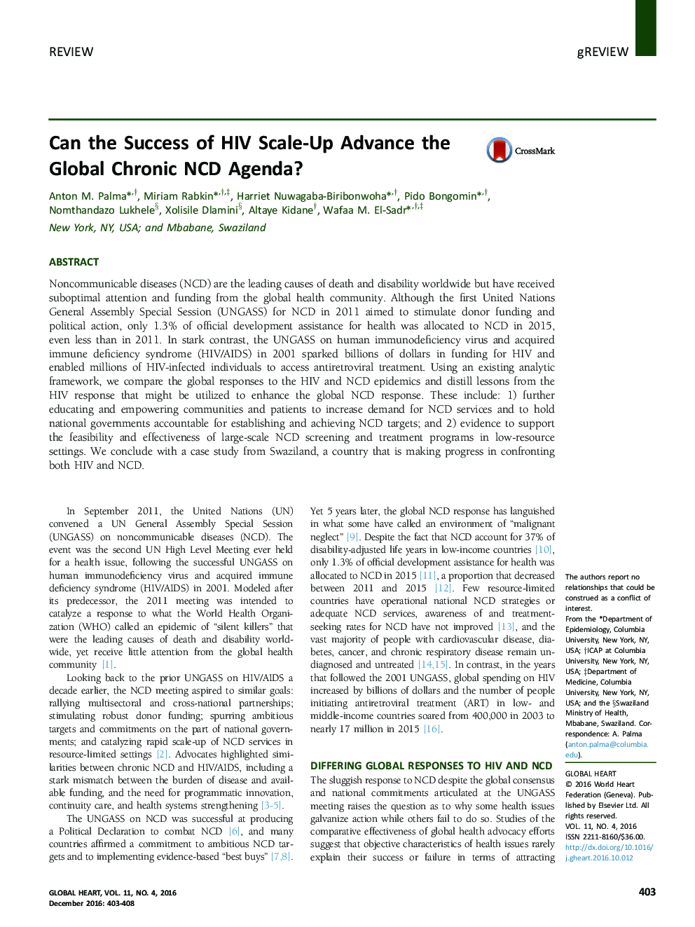 Can the Success of HIV Scale-Up Advance the Global Chronic NCD Agenda?