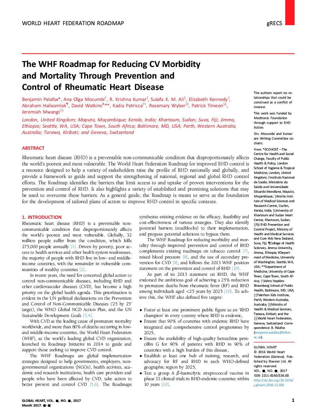 The WHF Roadmap for Reducing CV Morbidity and Mortality Through Prevention and Control of RHD