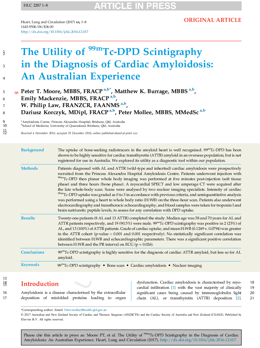 The Utility of 99mTc-DPD Scintigraphy in the Diagnosis of Cardiac Amyloidosis: An Australian Experience