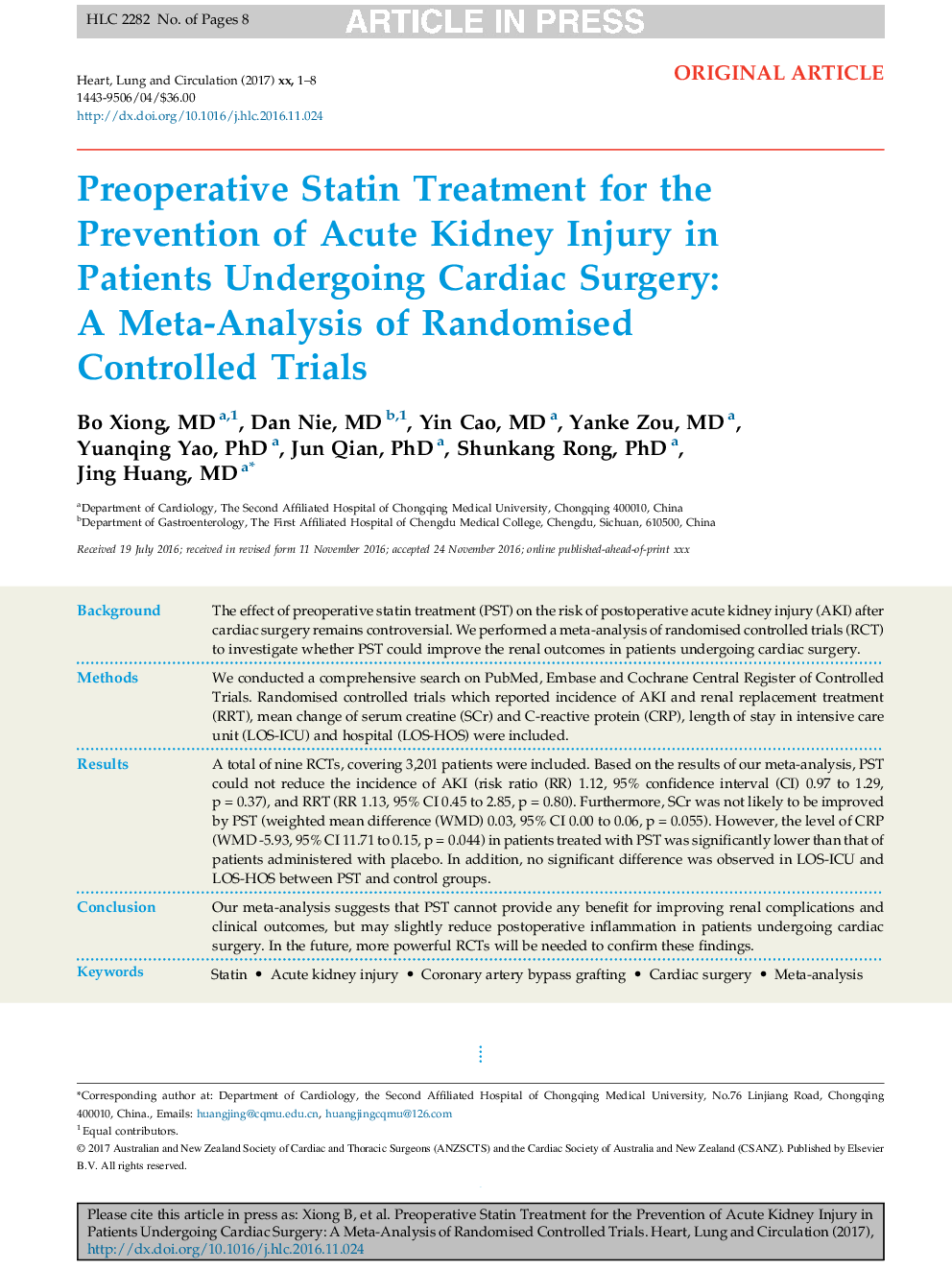 Preoperative Statin Treatment for the Prevention of Acute Kidney Injury in Patients Undergoing Cardiac Surgery: A Meta-Analysis of Randomised Controlled Trials