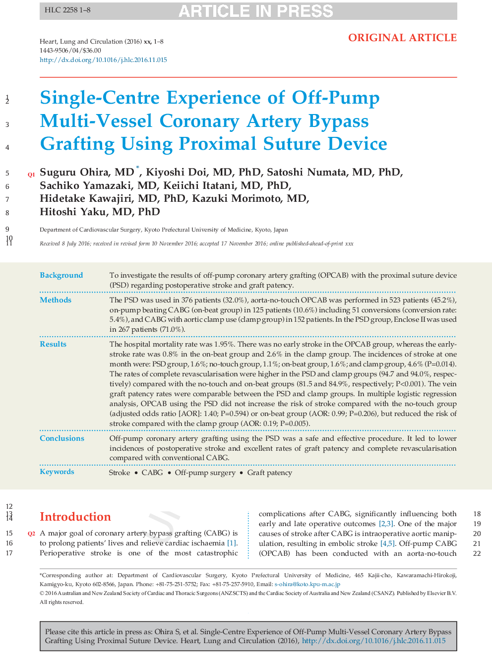 Single-Centre Experience of Off-Pump Multi-Vessel Coronary Artery Bypass Grafting Using Proximal Suture Device
