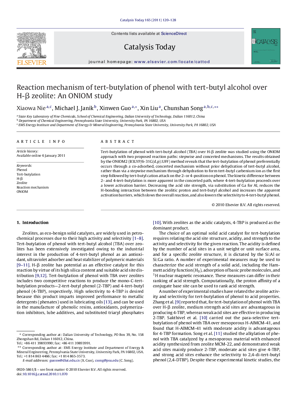 Reaction mechanism of tert-butylation of phenol with tert-butyl alcohol over H-β zeolite: An ONIOM study