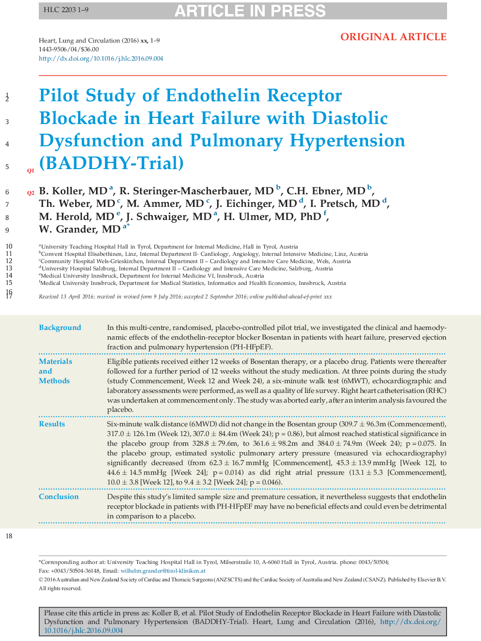 Pilot Study of Endothelin Receptor Blockade in Heart Failure with Diastolic Dysfunction and Pulmonary Hypertension (BADDHY-Trial)