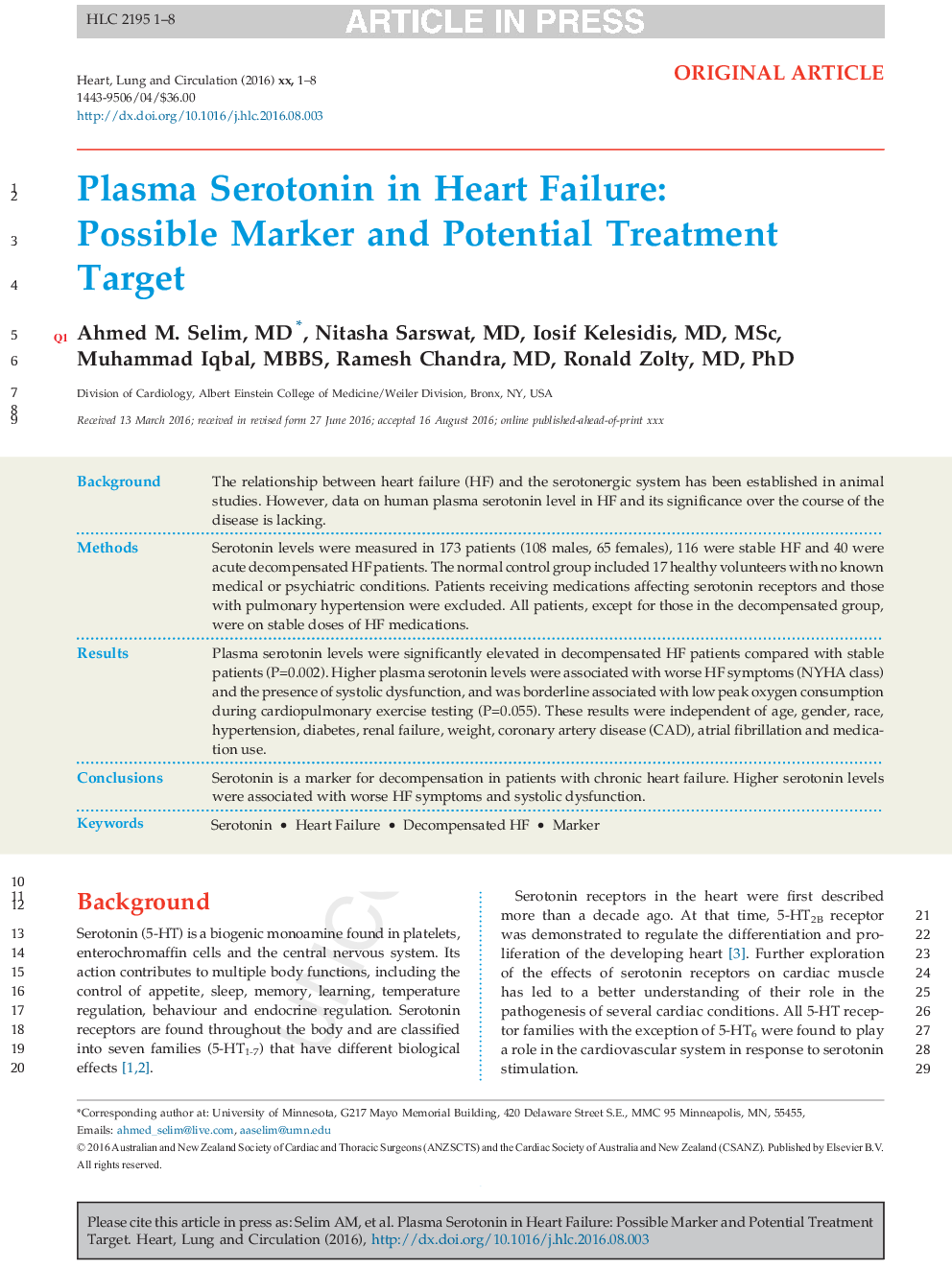 Plasma Serotonin in Heart Failure: Possible Marker and Potential Treatment Target