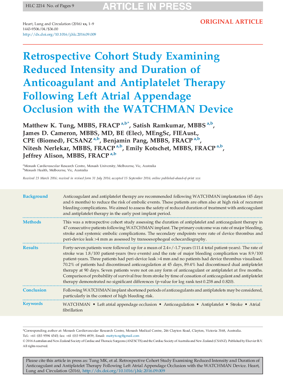 Retrospective Cohort Study Examining Reduced Intensity and Duration of Anticoagulant and Antiplatelet Therapy Following Left Atrial Appendage Occlusion with the WATCHMAN Device