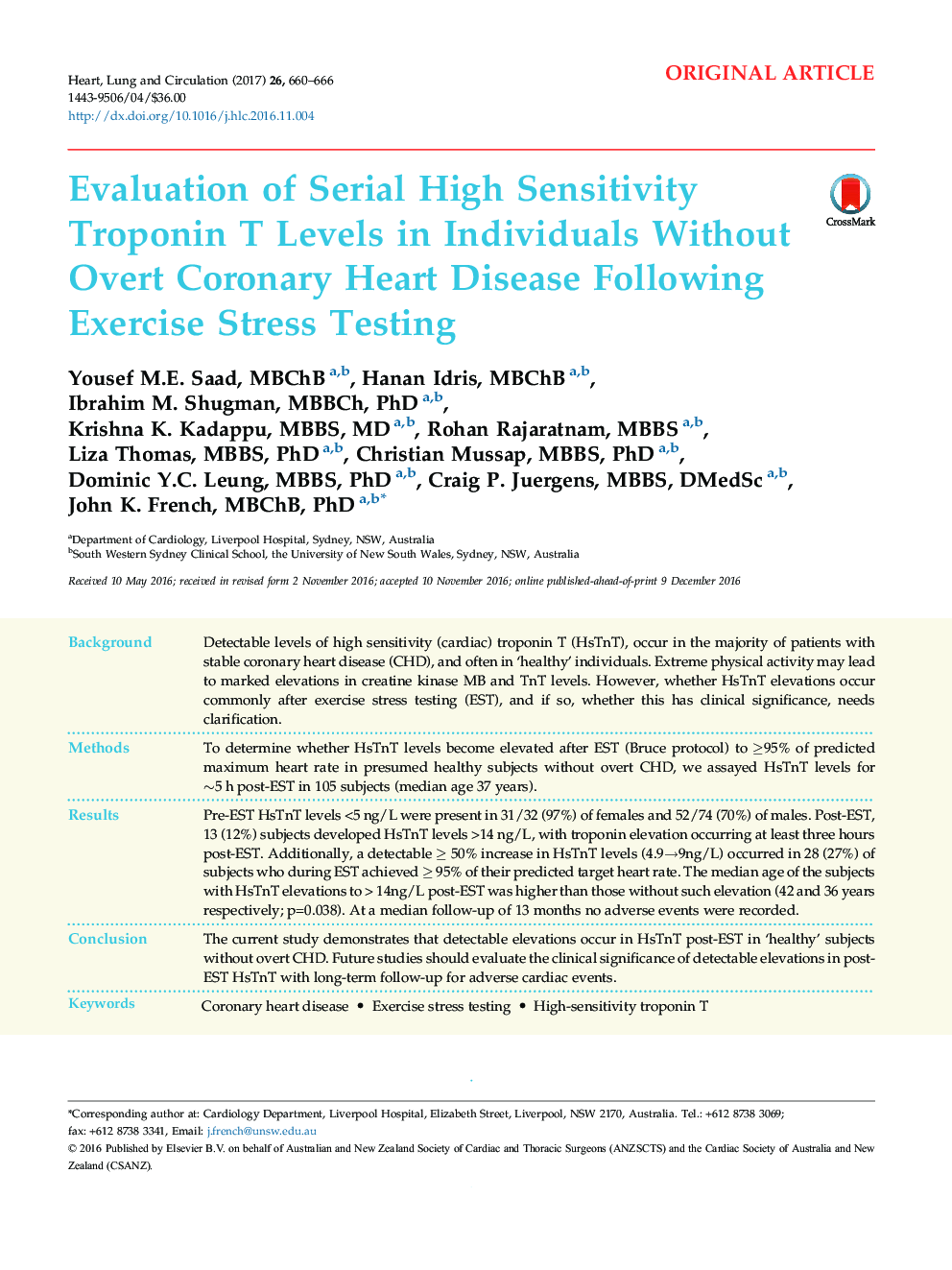 Original ArticleEvaluation of Serial High Sensitivity Troponin T Levels in Individuals Without Overt Coronary Heart Disease Following Exercise Stress Testing