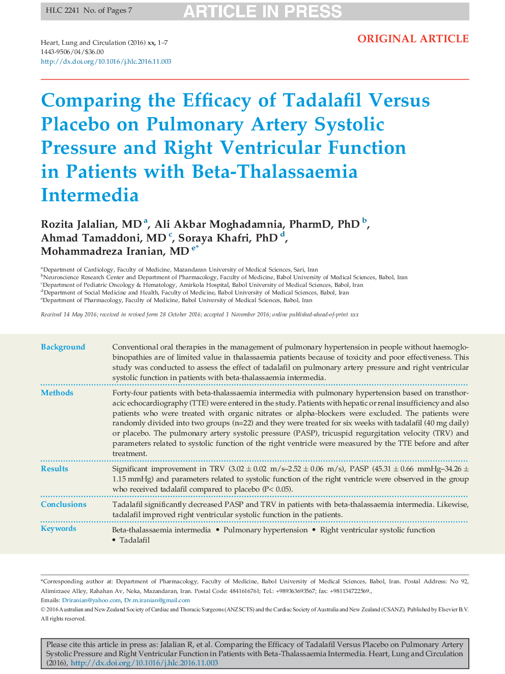 Comparing the Efficacy of Tadalafil Versus Placebo on Pulmonary Artery Systolic Pressure and Right Ventricular Function in Patients with Beta-Thalassaemia Intermedia