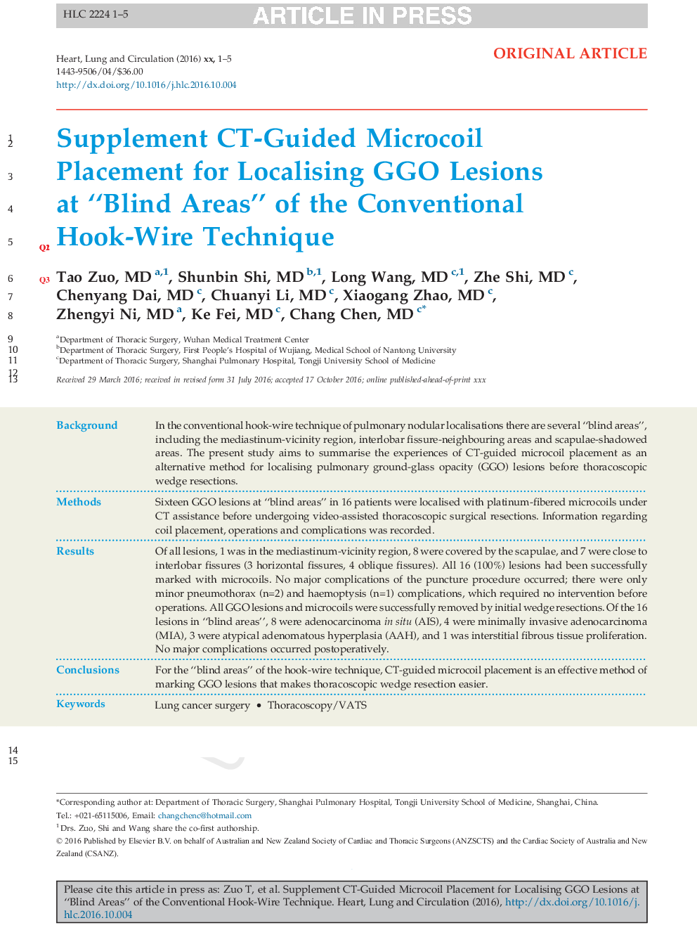 عکس صفحه اول مقاله: Supplement CT-Guided Microcoil Placement for Localising Ground-glass Opacity (GGO) Lesions at “Blind Areas” of the Conventional Hook-Wire Technique Supplement CT-Guided Microcoil Placement for Localising Ground-glass Opacity (GGO) Lesions at “Blind Areas” of the Conventional Hook-Wire Technique