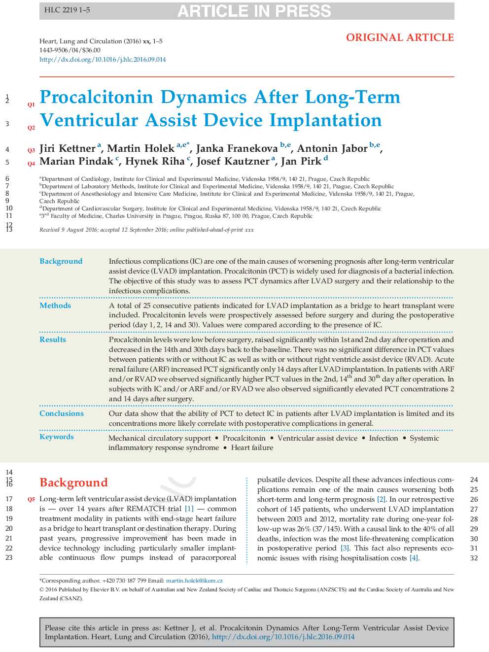 Procalcitonin Dynamics After Long-Term Ventricular Assist Device Implantation