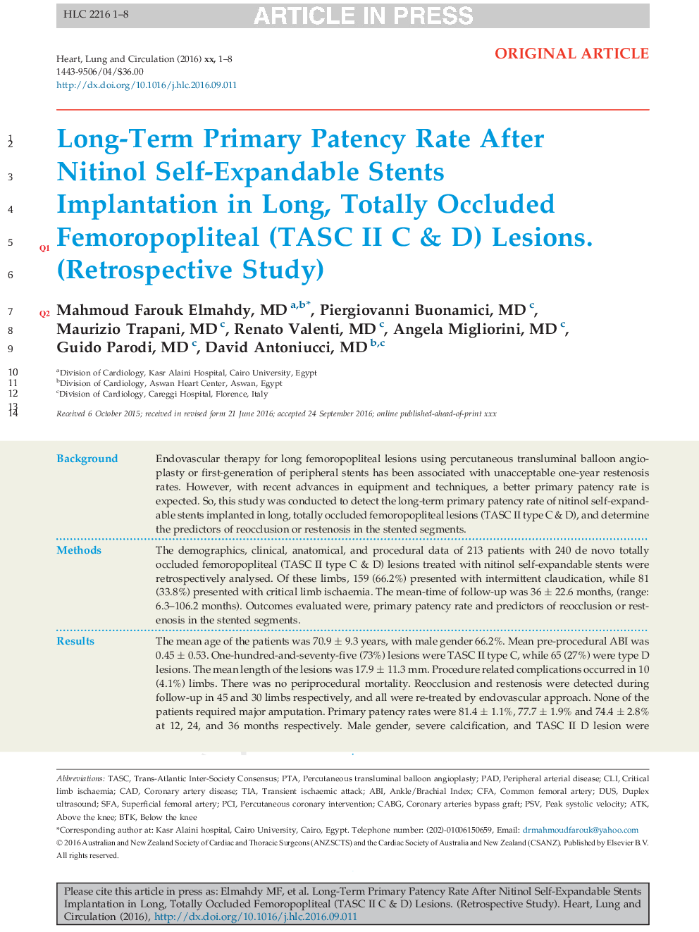 Long-Term Primary Patency Rate After Nitinol Self-Expandable Stents Implantation in Long, Totally Occluded Femoropopliteal (TASC II C & D) Lesions