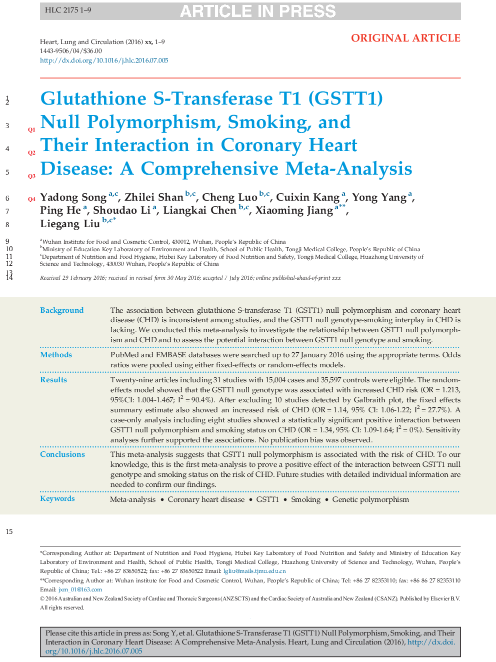 Glutathione S-Transferase T1 (GSTT1) Null Polymorphism, Smoking, and Their Interaction in Coronary Heart Disease: A Comprehensive Meta-Analysis