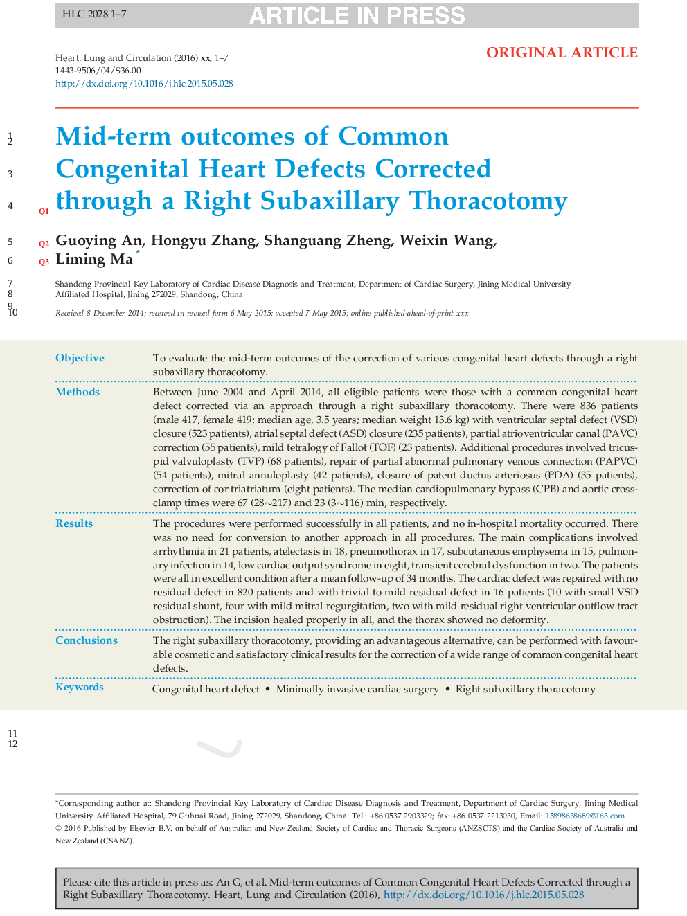 Mid-term Outcomes of Common Congenital Heart Defects Corrected Through a Right Subaxillary Thoracotomy