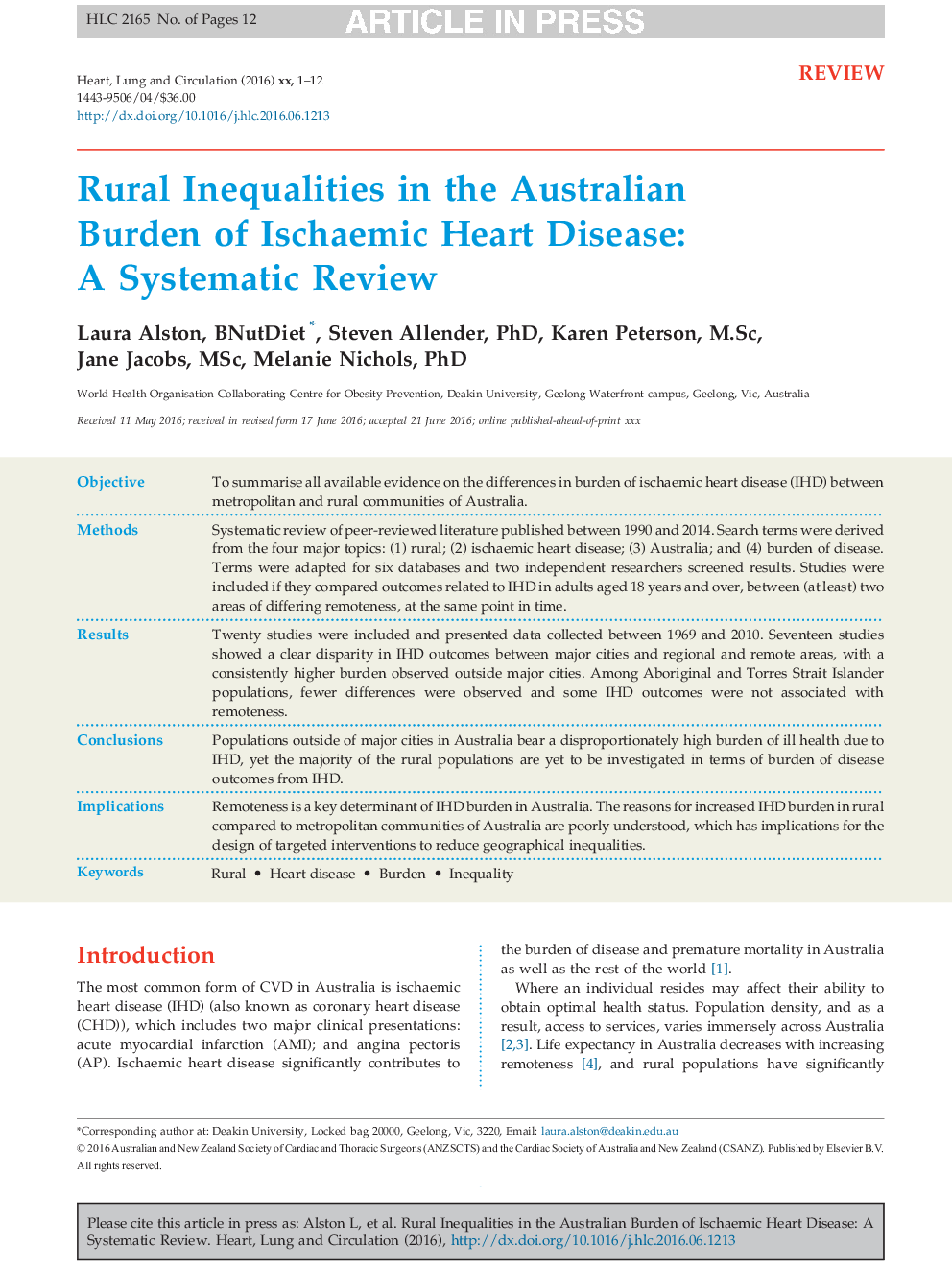 Rural Inequalities in the Australian Burden of Ischaemic Heart Disease: A Systematic Review