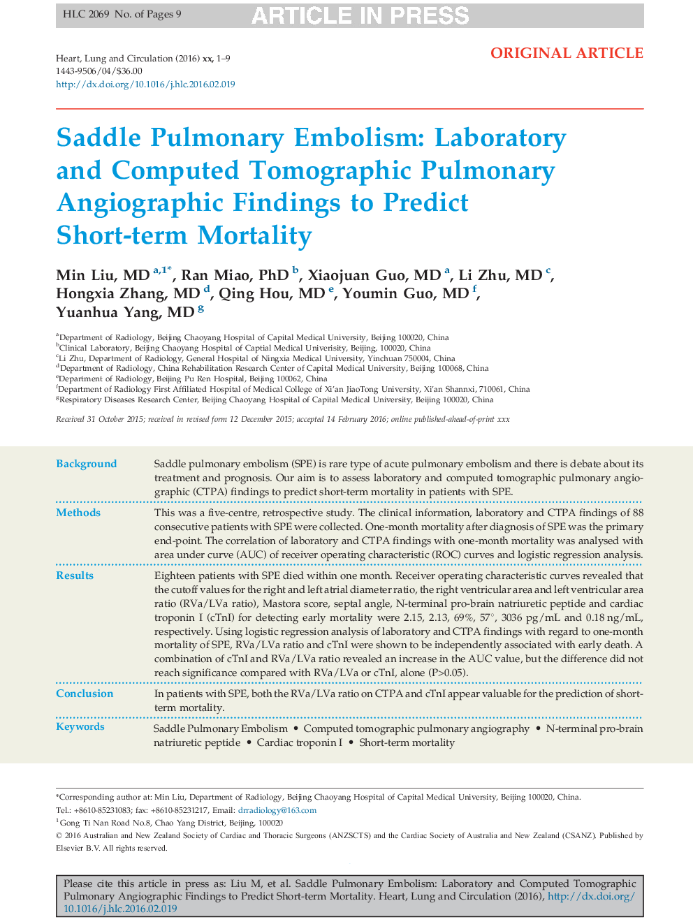 Saddle Pulmonary Embolism: Laboratory and Computed Tomographic Pulmonary Angiographic Findings to Predict Short-term Mortality