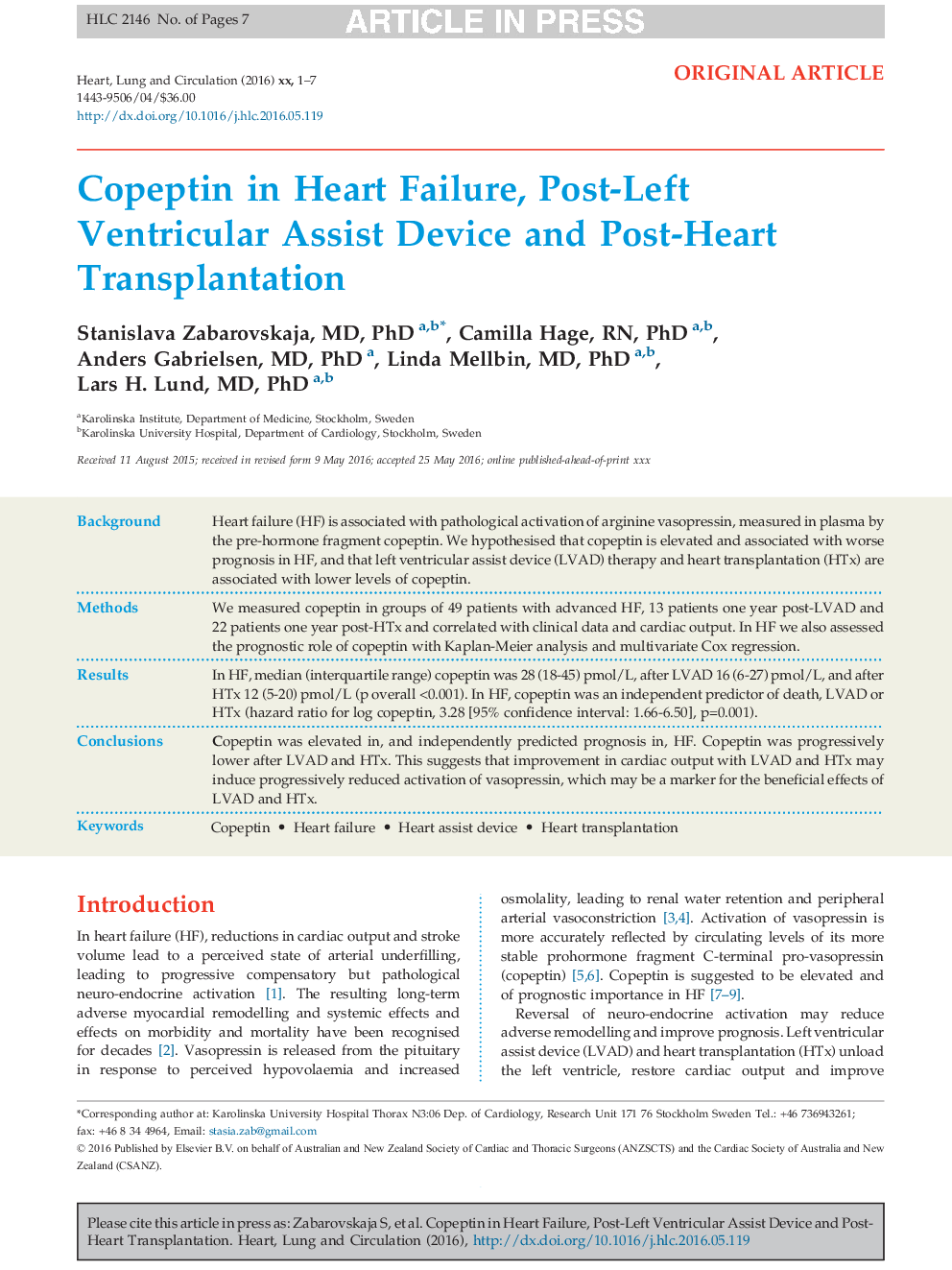 Copeptin in Heart Failure, Post-Left Ventricular Assist Device and Post-Heart Transplantation
