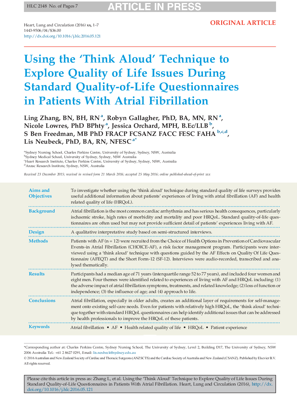 Using the 'Think Aloud' Technique to Explore Quality of Life Issues During Standard Quality-of-Life Questionnaires in Patients With Atrial Fibrillation