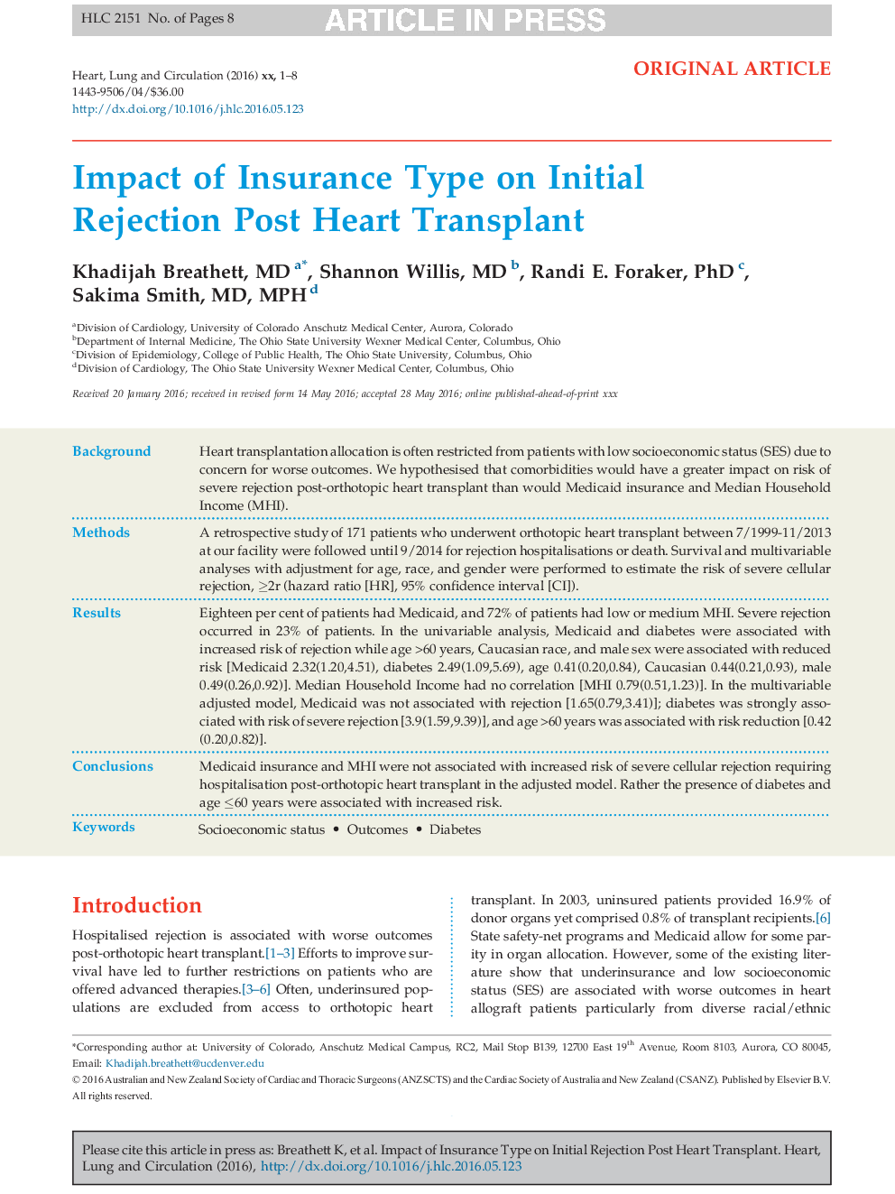 Impact of Insurance Type on Initial Rejection Post Heart Transplant