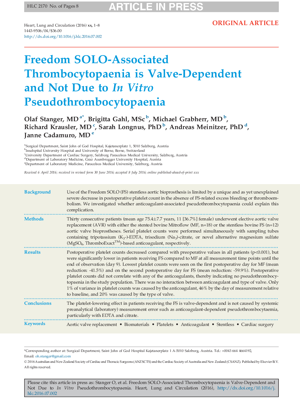 Freedom SOLO-Associated Thrombocytopaenia is Valve-Dependent and Not Due to In Vitro Pseudothrombocytopaenia