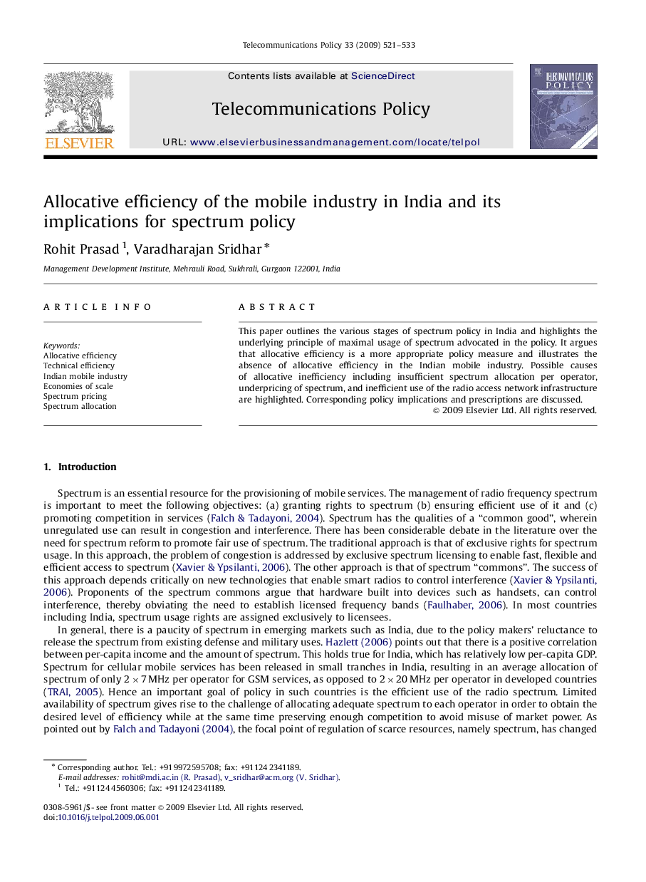 Allocative efficiency of the mobile industry in India and its implications for spectrum policy