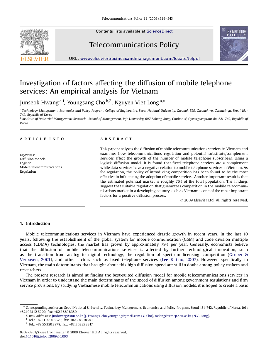 Investigation of factors affecting the diffusion of mobile telephone services: An empirical analysis for Vietnam