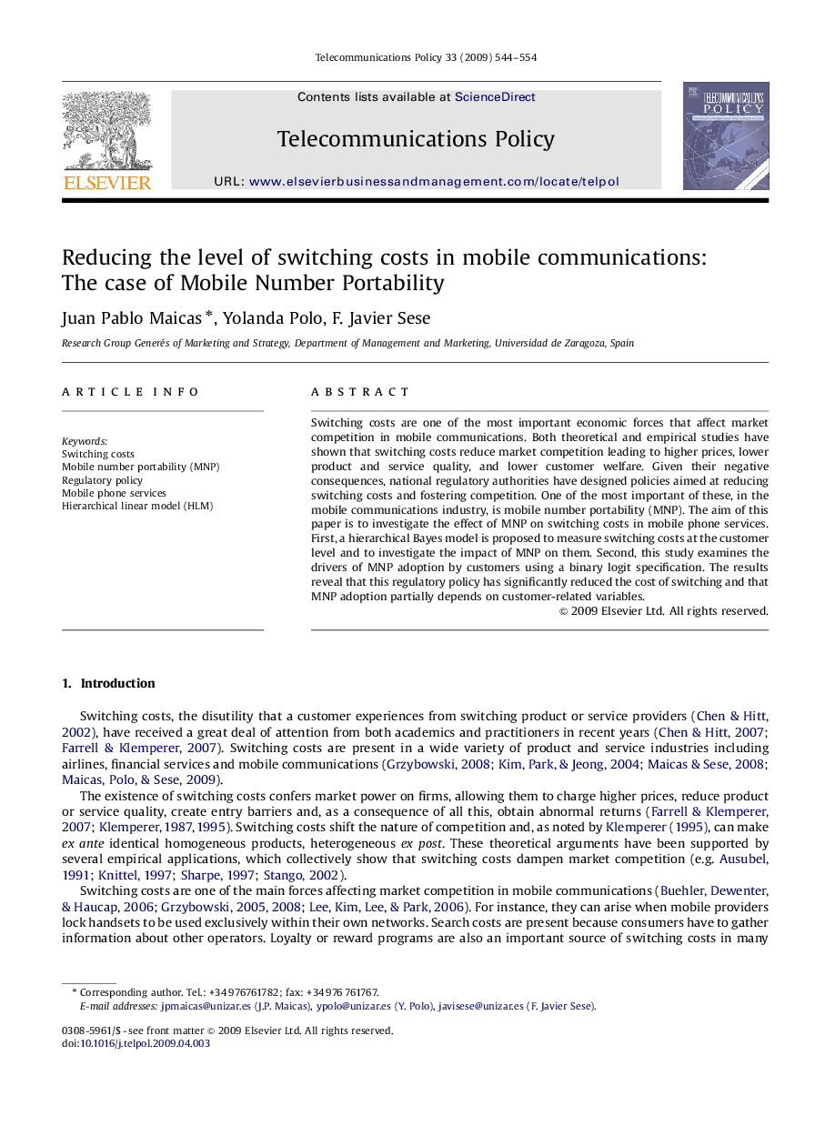 Reducing the level of switching costs in mobile communications: The case of Mobile Number Portability