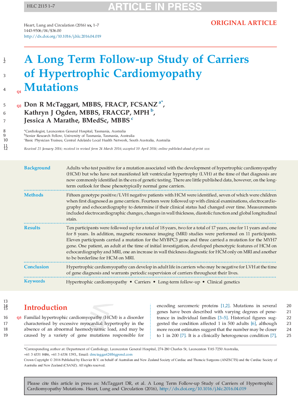 A Long Term Follow-up Study of Carriers of Hypertrophic Cardiomyopathy Mutations
